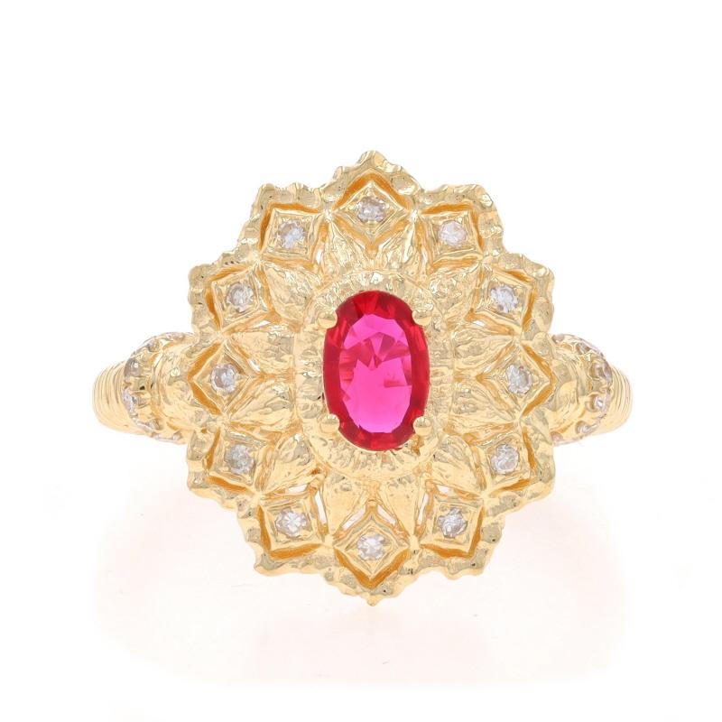 Taille : 7 1/2
Frais de taille : Up&Up 2 tailles pour $40 ou Down 1 taille pour $40

Contenu du métal : Or jaune 14k

Informations sur les pierres

Rubis naturel
Traitement : Chauffage
Carat(s) : 0.65ct
Coupe : Ovale
Couleur : Rouge

Diamants