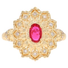 Yellow Gold Ruby Diamond Halo Ring 14k Oval .79ctw Starburst