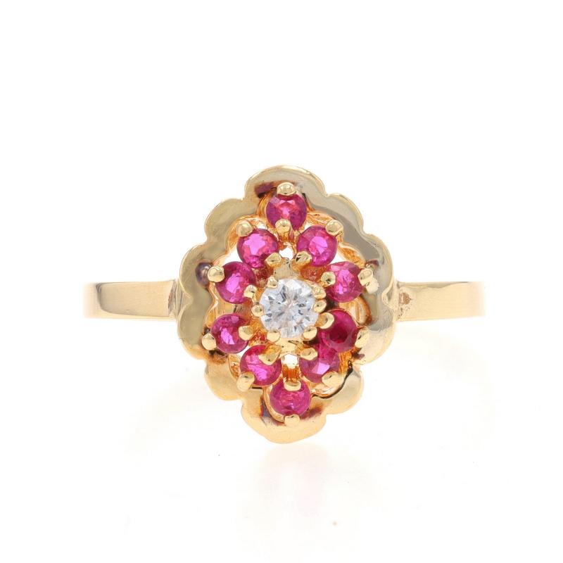 Size: 8 1/2
Sizing Fee: Up 3 sizes for $30 or Down 2 1/2 sizes for $30

Metal Content: 14k Yellow Gold

Stone Information

Natural Rubies
Treatment: Heating
Carat(s): .50ctw
Cut: Round
Color: Pinkish Red

Natural Diamond
Carat(s): .09ct
Cut: Round
