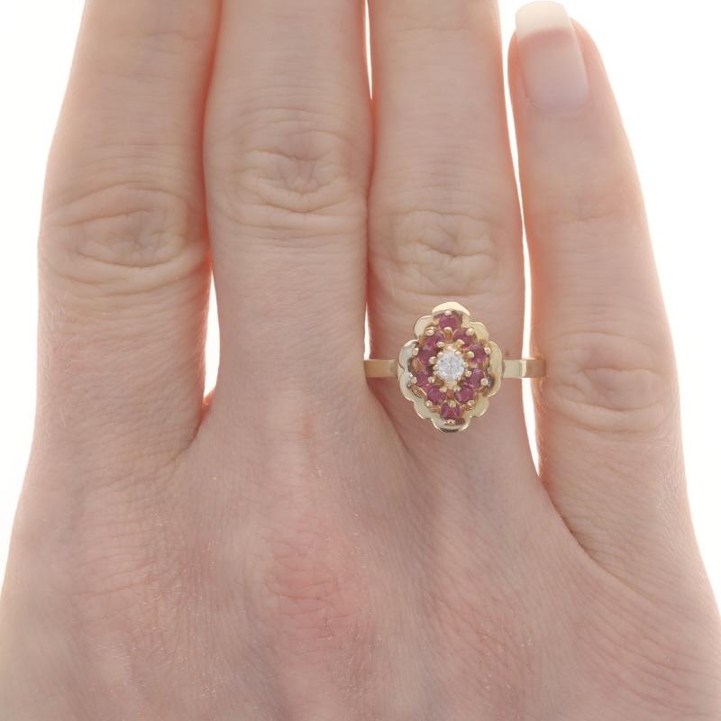 Round Cut Yellow Gold Ruby Diamond Halo Ring - 14k Round 0.59ctw For Sale