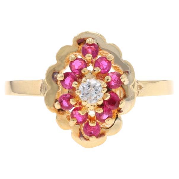 Yellow Gold Ruby Diamond Halo Ring - 14k Round 0.59ctw For Sale
