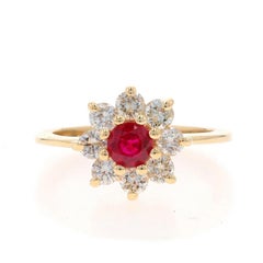 Yellow Gold Ruby & Diamond Halo Ring - 14k Round 1.37ctw Flower