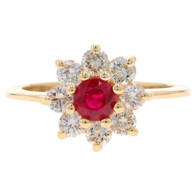 Yellow Gold Ruby & Diamond Halo Ring - 14k Round 1.37ctw Flower