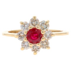 Yellow Gold Ruby & Diamond Halo Ring - 14k Round 1.37ctw Flower