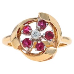 Yellow Gold Ruby Diamond Halo Ring - 14k Round .47ctw Flower