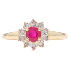 Yellow Gold Ruby Diamond Halo Ring - 14k Round .52ctw Flower