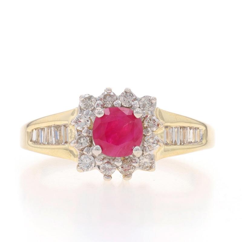 Size: 7
Sizing Fee: Up 1/2 a size for $35 or Down 1/2 a size for $35

Metal Content: 14k Yellow Gold & 14k White Gold

Stone Information

Natural Ruby
Treatment: Heating
Carat(s): .65t
Cut: Round
Color: Pinkish Red

Natural Diamonds
Carat(s):