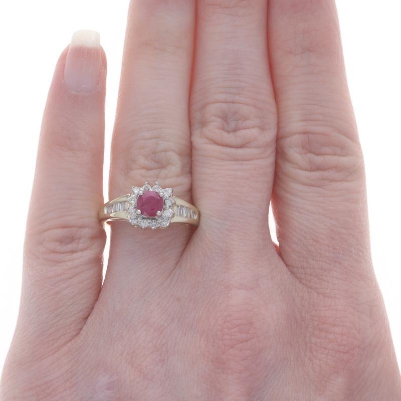 Round Cut Yellow Gold Ruby Diamond Halo Ring - 14k Round .99ctw For Sale