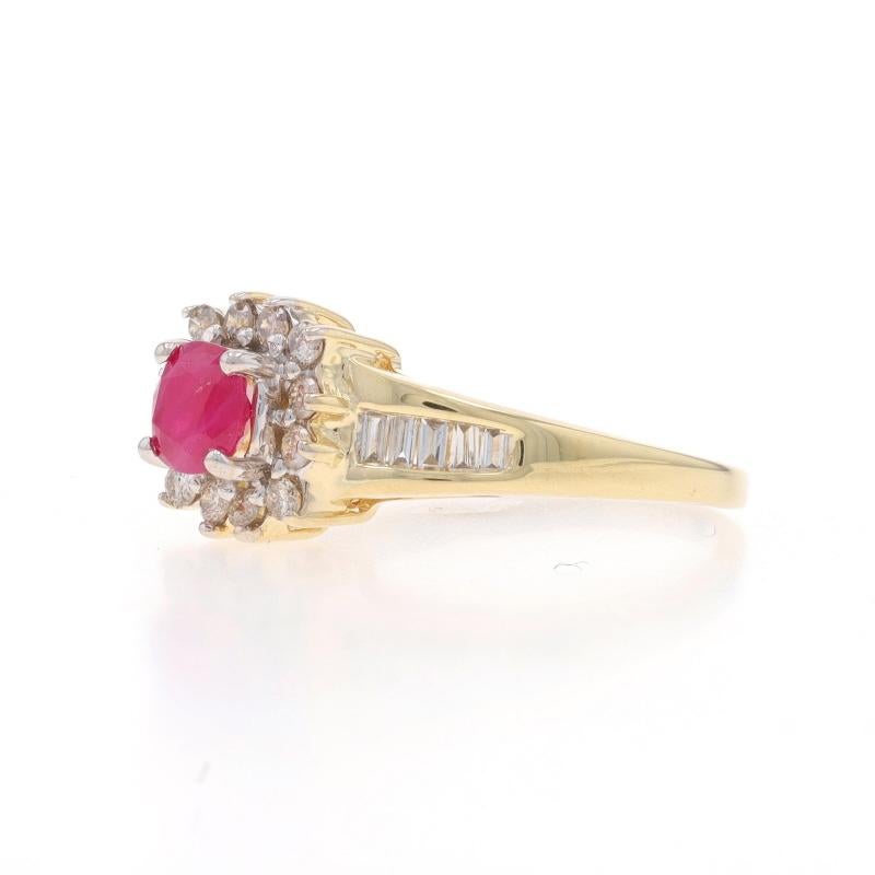 Yellow Gold Ruby Diamond Halo Ring - 14k Round .99ctw In Excellent Condition For Sale In Greensboro, NC