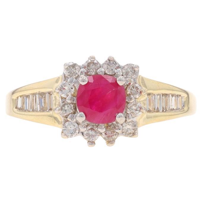 Yellow Gold Ruby Diamond Halo Ring - 14k Round .99ctw For Sale