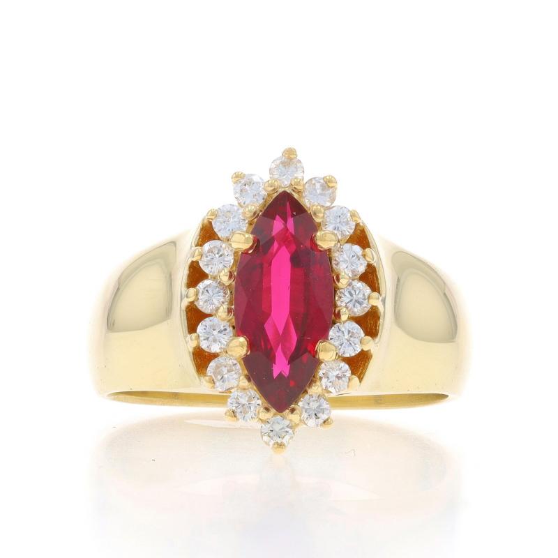Size: 7 1/4
Sizing Fee: Up 3 sizes for $60 or Down 2 sizes for $40

Metal Content: 18k Yellow Gold

Stone Information

Natural Ruby
Treatment: Heating
Carat(s): 1.18ct
Cut: Marquise
Color: Red

Natural Diamonds
Carat(s): .32ctw
Cut: Round
