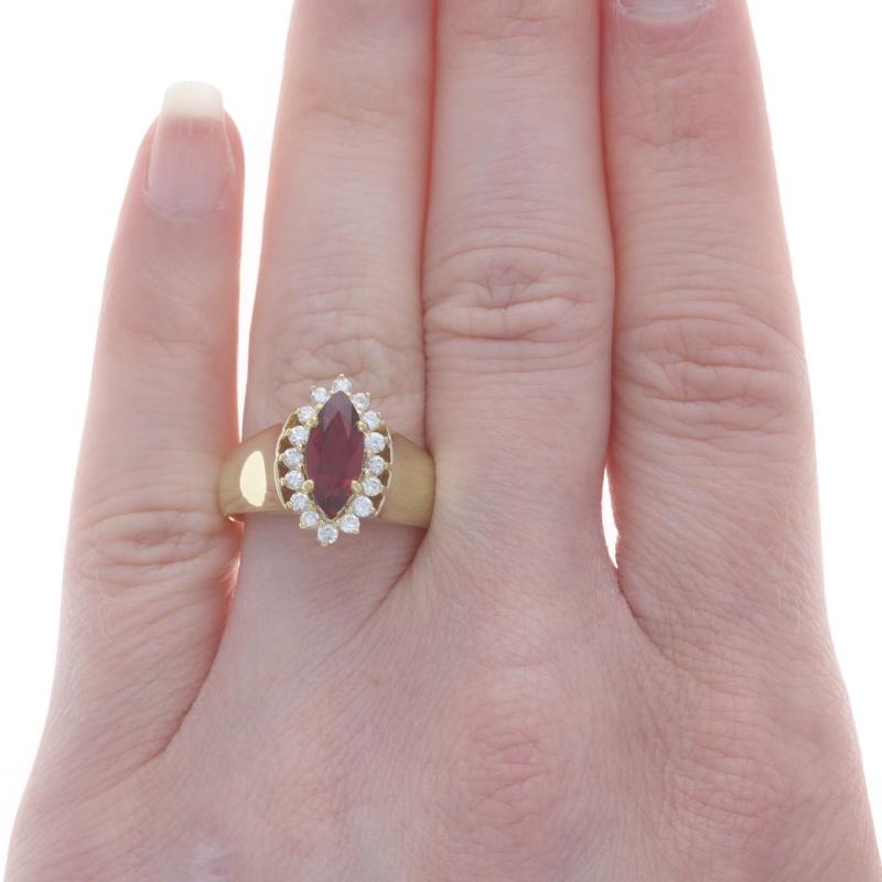 Marquise Cut Yellow Gold Ruby Diamond Halo Ring - 18k Marquise 1.50ctw For Sale