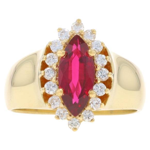 Yellow Gold Ruby Diamond Halo Ring - 18k Marquise 1.50ctw For Sale