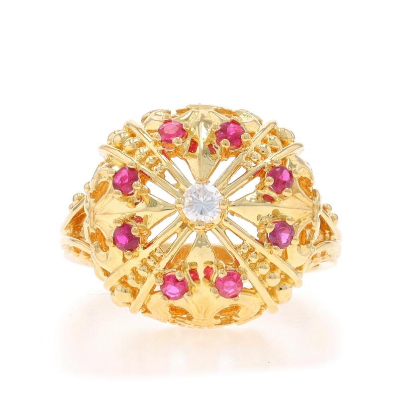 Size: 8 1/4
Sizing Fee: Up 3 sizes for $60 or Down 2 sizes for $40

Note: If sized up, the ring's shank will become oval in shape.

Metal Content: 18k Yellow Gold

Stone Information

Natural Rubies
Treatment: Heating
Carat(s): .40ctw
Cut: