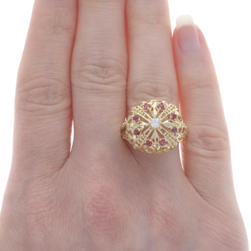 Round Cut Yellow Gold Ruby & Diamond Halo Ring - 18k Round .50ctw Fleur-de-lis Crown For Sale