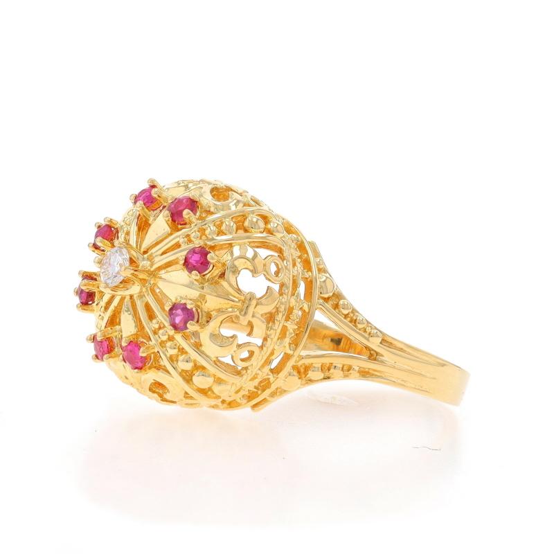 Yellow Gold Ruby & Diamond Halo Ring - 18k Round .50ctw Fleur-de-lis Crown In Excellent Condition For Sale In Greensboro, NC