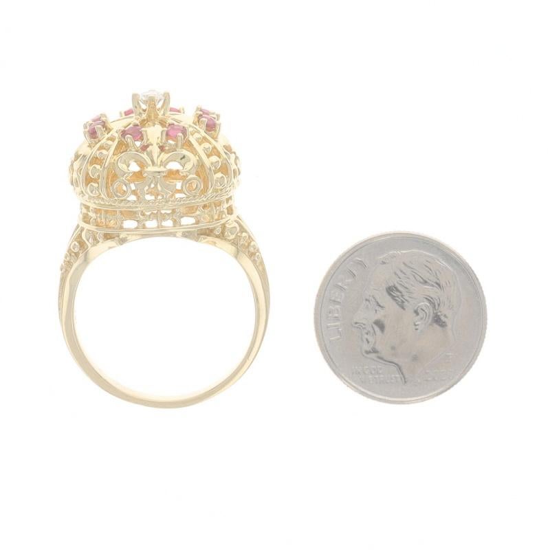 Yellow Gold Ruby & Diamond Halo Ring - 18k Round .50ctw Fleur-de-lis Crown For Sale 1