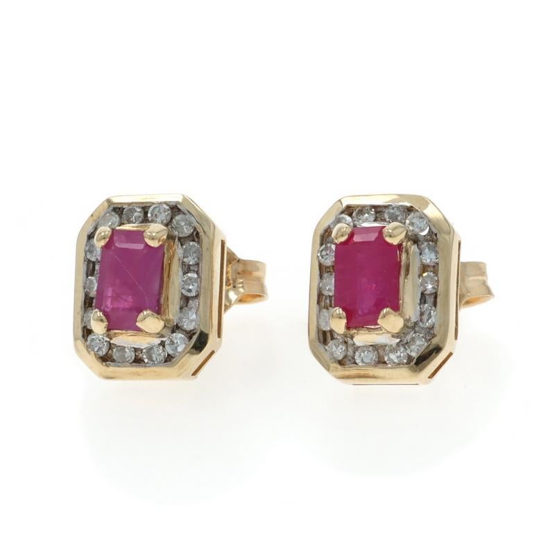Taille émeraude Yellow Gold Ruby Diamond Halo Stud Earrings - 10k Emerald 1.24ctw Pierced en vente