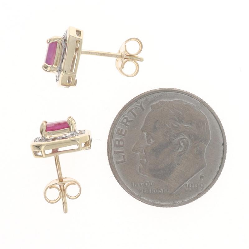 Yellow Gold Ruby Diamond Halo Stud Earrings - 10k Emerald 1.24ctw Pierced Excellent état - En vente à Greensboro, NC