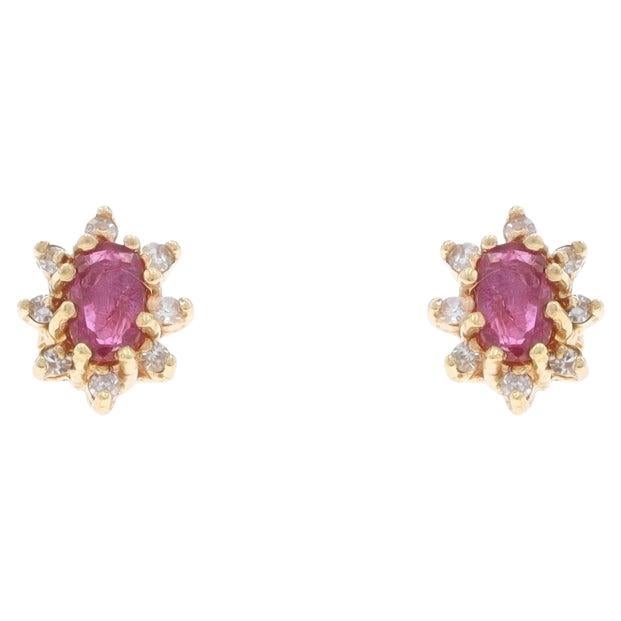 Yellow Gold Ruby Diamond Halo Stud Earrings - 14k Oval .80ctw Pierced