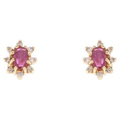 Yellow Gold Ruby Diamond Halo Stud Earrings - 14k Oval .80ctw Pierced