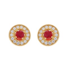 Yellow Gold Ruby Diamond Halo Stud Earrings - 14k Round 1.44ctw Pierced