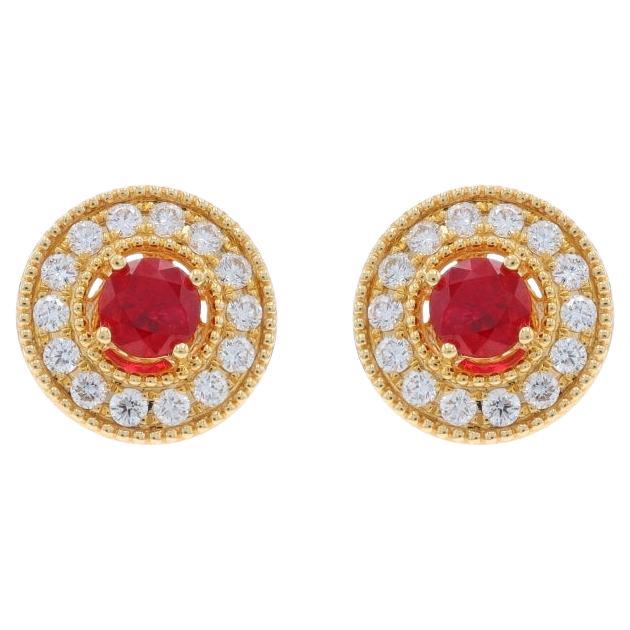 Yellow Gold Ruby Diamond Halo Stud Earrings - 14k Round 1.44ctw Pierced