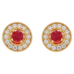 Yellow Gold Ruby Diamond Halo Stud Earrings - 14k Round 1.44ctw Pierced
