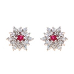 Pendientes Oro Amarillo Rubí Diamante Halo - 14k Redondo .64ctw Floral Pierced