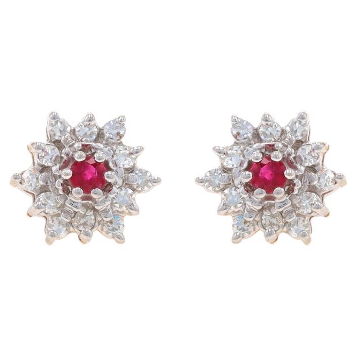 Yellow Gold Ruby Diamond Halo Stud Earrings - 14k Round .64ctw Floral Pierced
