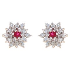 Yellow Gold Ruby Diamond Halo Stud Earrings - 14k Round .64ctw Floral Pierced