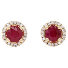 Yellow Gold Ruby & Diamond Halo Stud Earrings - 14k Round .70ctw Pierced