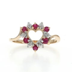 Yellow Gold Ruby Diamond Heart Bypass Ring - 14k Round .33ctw Love Wreath