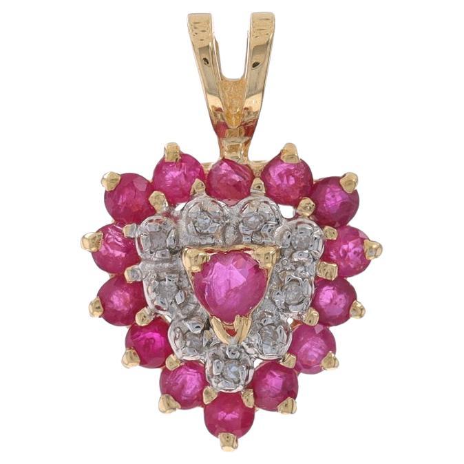 Yellow Gold Ruby Diamond Heart Cluster Halo Pendant 14k Heart Round .86ctw Love For Sale