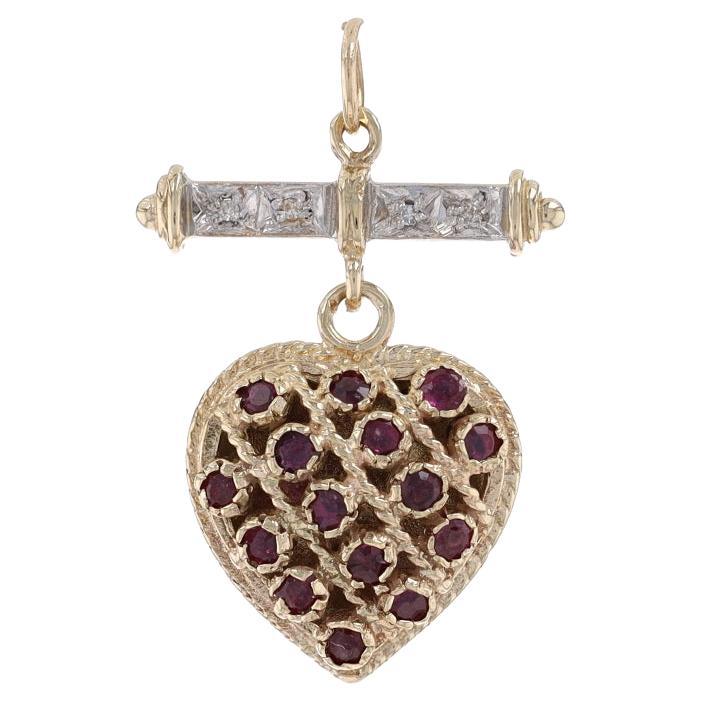Yellow Gold Ruby & Diamond Heart Cluster Pendant - 14k Round .62ctw Love For Sale