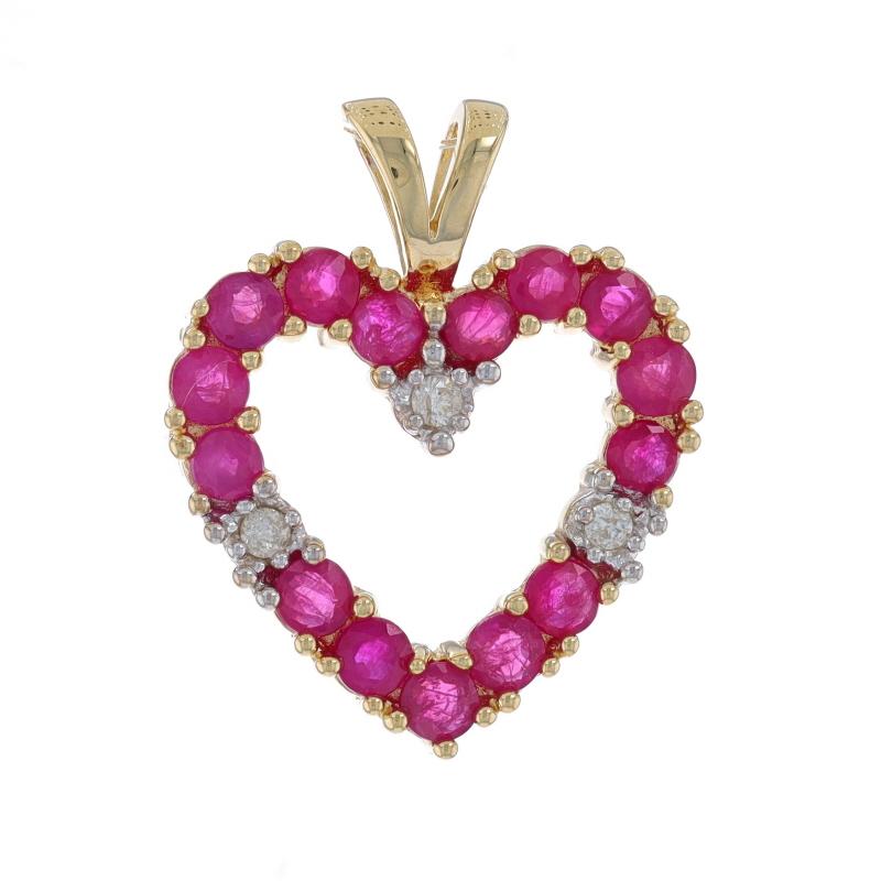 Yellow Gold Ruby & Diamond Heart Pendant - 10k Round 1.41ctw Love Wreath For Sale