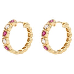 Yellow Gold Ruby & Diamond Hoop Earrings - 18k Round .86ctw Milgrain Pierced