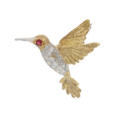 Yellow Gold Ruby Diamond Hummingbird Brooch - 18k Round .11ctw Nature Pin