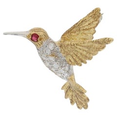 Yellow Gold Ruby Diamond Hummingbird Brooch - 18k Round .11ctw Nature Pin