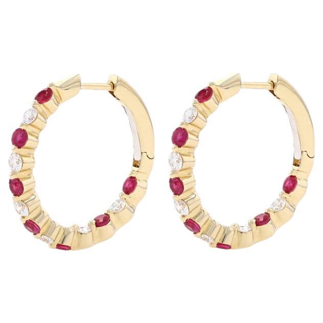 Yellow Gold Ruby & Diamond Inside-Out Hoop Earrings - 14k Round 1.25ctw Pierced For Sale