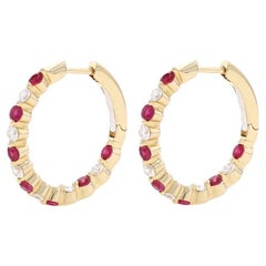 Yellow Gold Ruby & Diamond Inside-Out Hoop Earrings - 14k Round 1.25ctw Pierced
