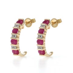Yellow Gold Ruby Diamond J-Hook Earrings - 14k Oval 1.88ctw Stripes Pierced