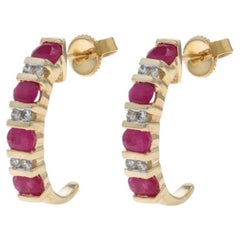Yellow Gold Ruby Diamond J-Hook Earrings - 14k Oval 1.88ctw Stripes Pierced