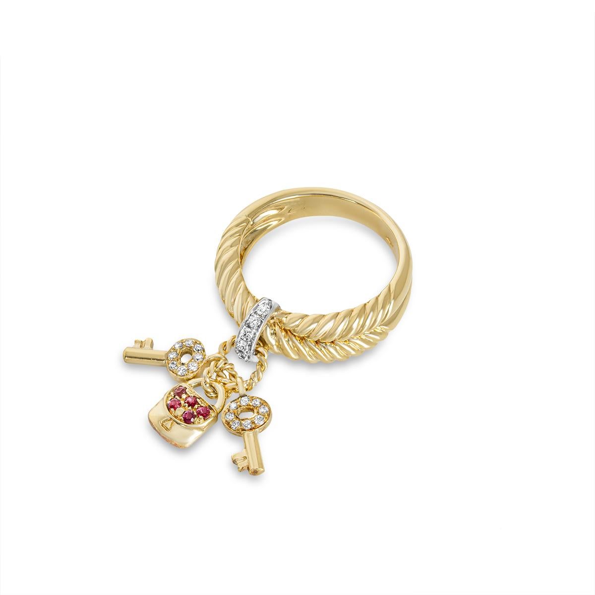 Yellow Gold Ruby & Diamond Key & Lock Ring In Excellent Condition In London, GB
