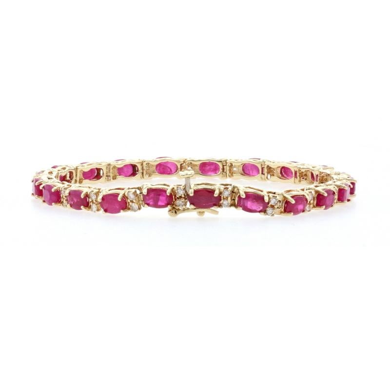 Yellow Gold Ruby & Diamond Link Bracelet, 14k Oval Cut 14.70ctw In Excellent Condition In Greensboro, NC