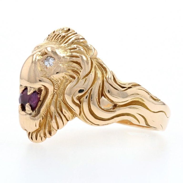 Yellow Gold Ruby and Diamond Lion's Head Ring, 14kt .35ct Round