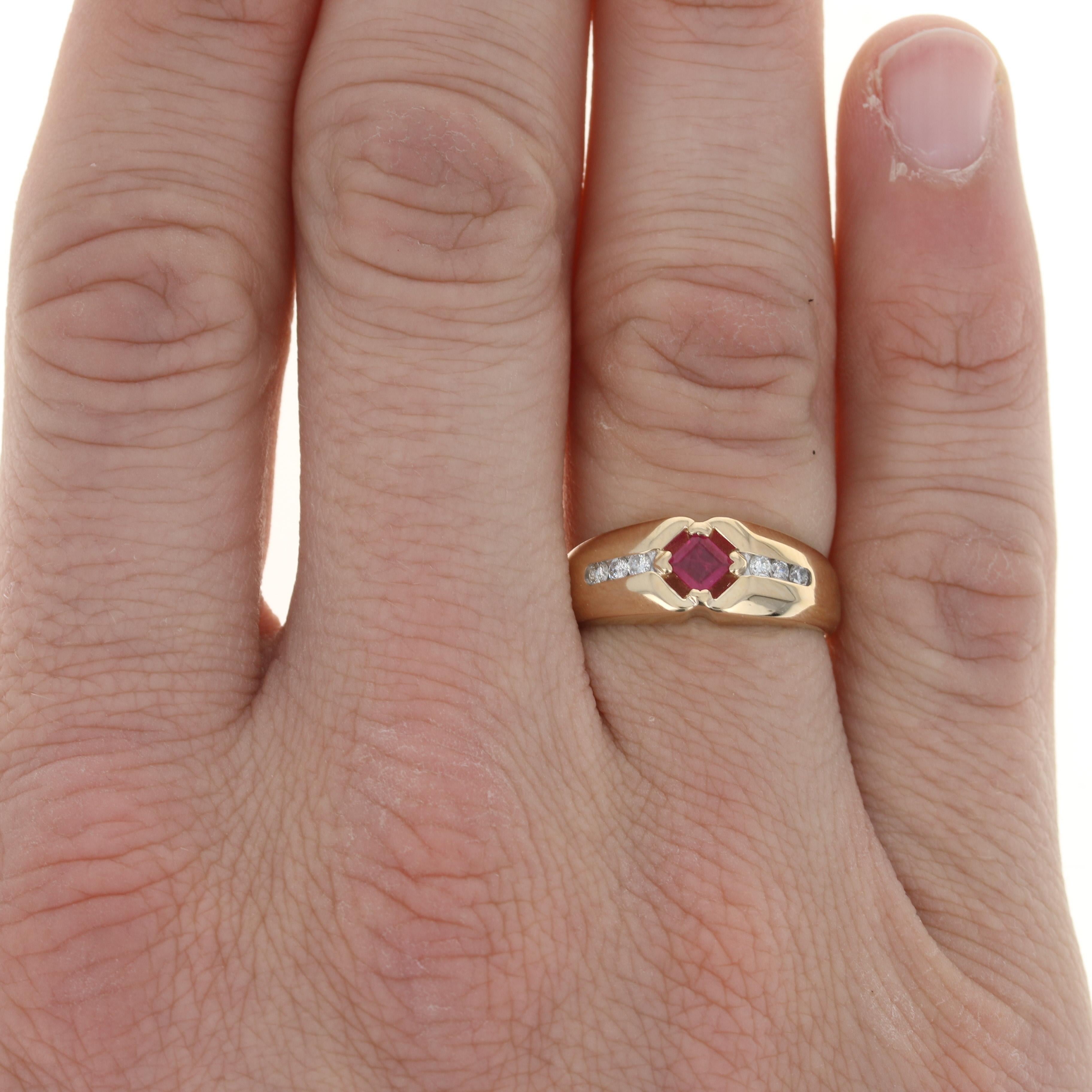 Size: 8 1/2
 Sizing Fee: Up or Down 1 size for $30
 
 Metal Content: 14k Yellow Gold & 14k White Gold
 
 Stone Information: 
 Genuine Ruby
 Treatment: Heating
 Carat: .40ct
 Cut: Square
 Color: Pinkish Red 
 Size: 3.7mm (square)
 
 Natural Diamonds
