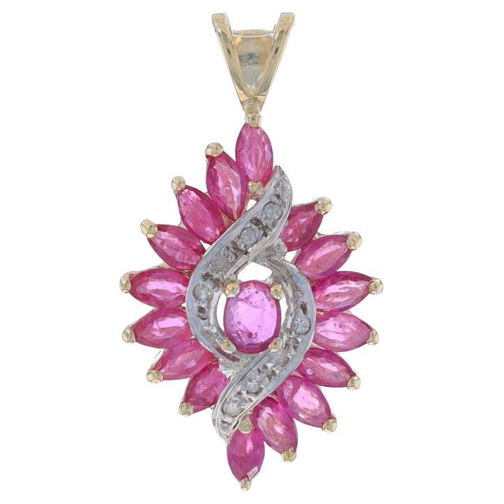 Yellow Gold Ruby & Diamond Pendant - 10k Oval & Marquise 2.10ctw Swirl