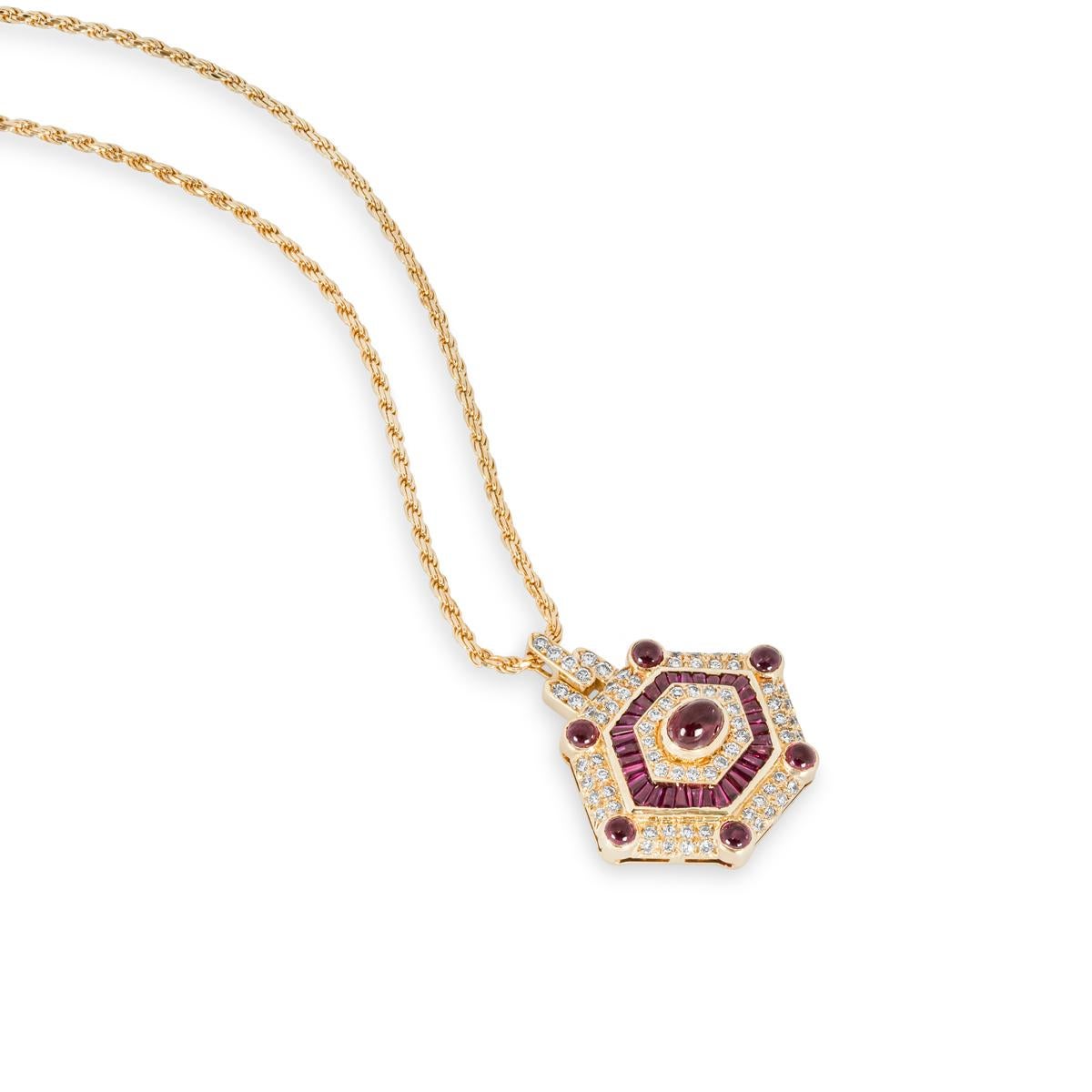 Cabochon Yellow Gold Ruby & Diamond Pendant For Sale