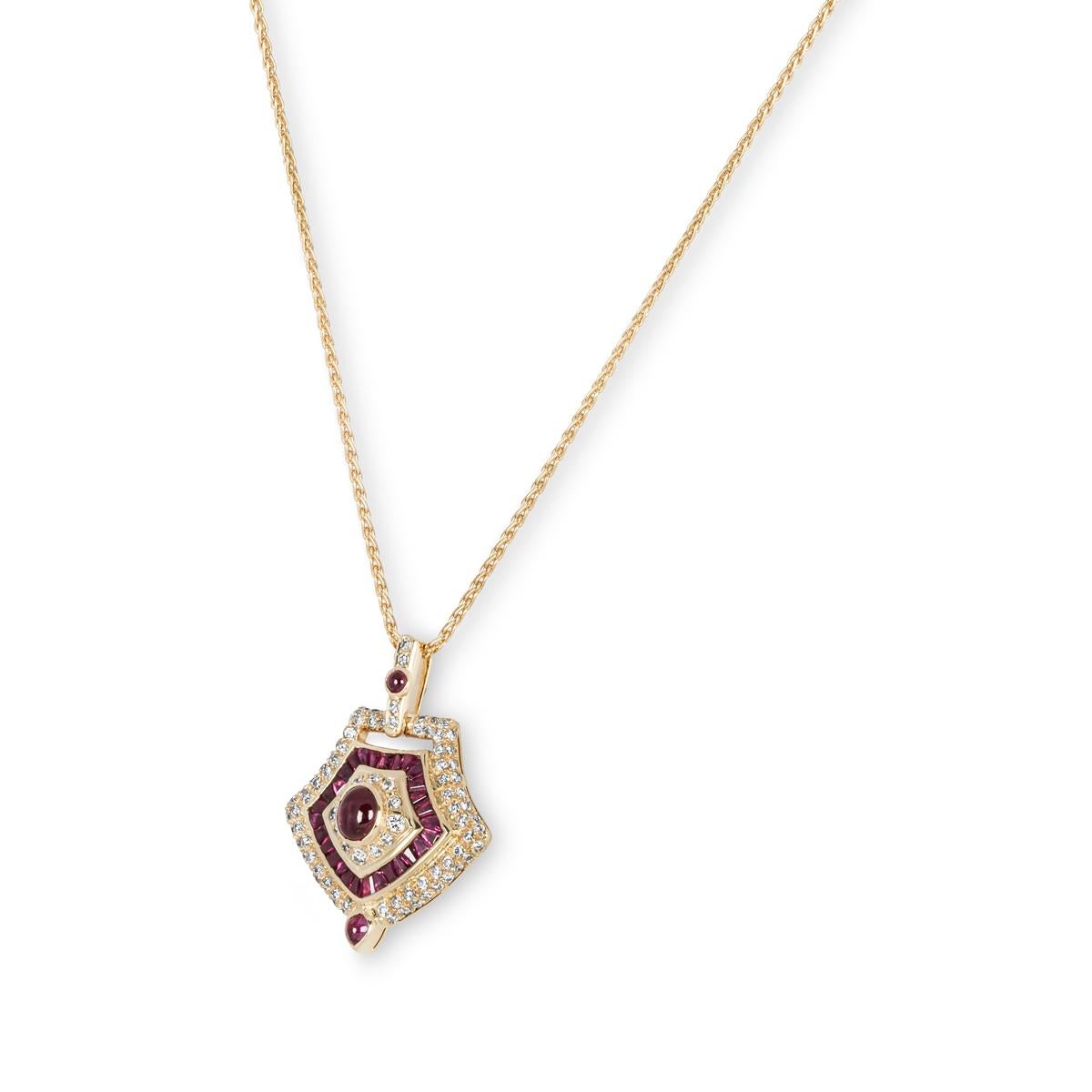 Cabochon Yellow Gold Ruby & Diamond Pendant For Sale